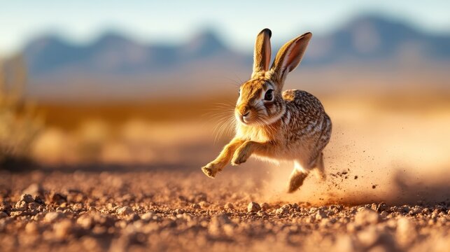 A rabbit leaps energetically along a dust-laden path, embodying the spirit of nature while a vehicle looms in the background, symbolizing the wild and freedom.