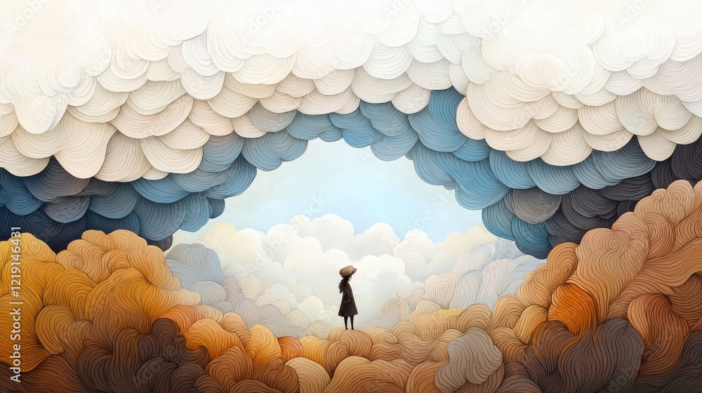 Poster surreal representation of a girl standing in a dreamlike landscape surrounded by colorful clouds and