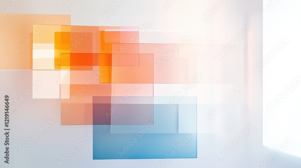 Poster abstract composition of translucent overlapping shapes with reflective qualities and soft light effe