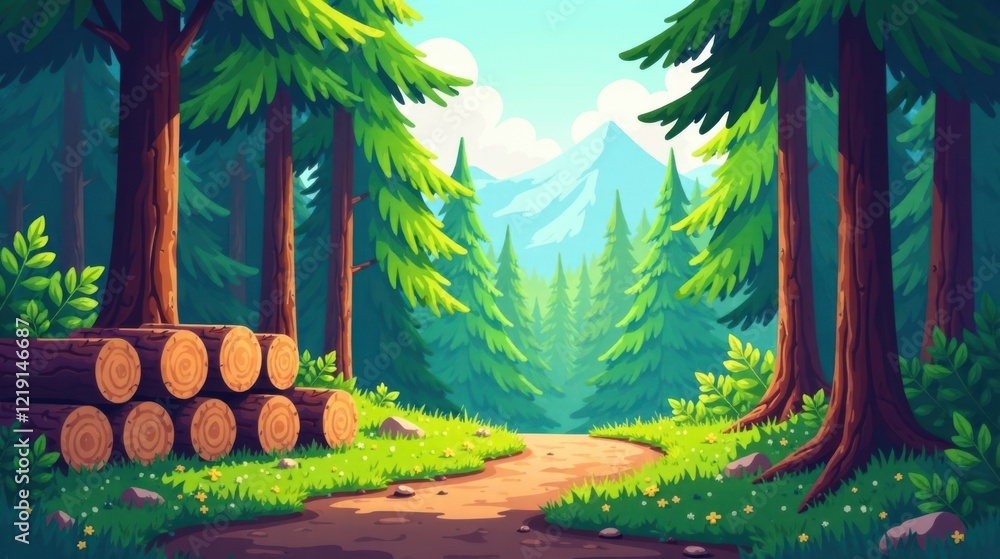 Poster A Serene Forest Path Leading to Majestic Mountains with a Stack of Logs Resting Beside Lush Greenery
