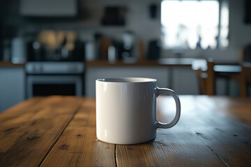 Fototapeta premium A white blank mock up mug on a wooden table in a modern home kitchen