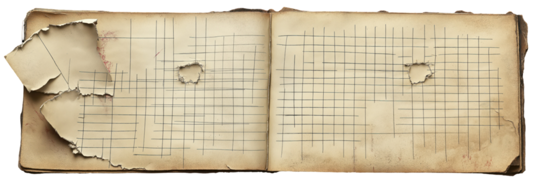 Vintage torn grid paper notebook with aged textured pages