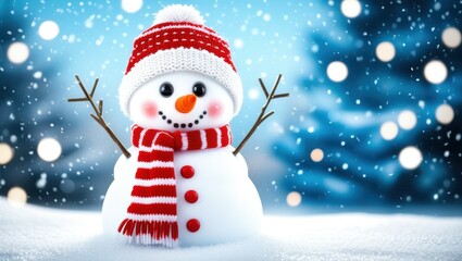 Fototapeta premium Cheerful snowman, red and white striped scarf and hat, stick arms, carrot nose, coal eyes, snowy background, falling snowflakes, blue winter sky, festive, jolly, Christmas scene, cute, whimsical, 3D r