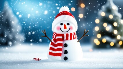 Obraz premium Cheerful snowman, red and white striped scarf and hat, stick arms, carrot nose, coal eyes, snowy background, falling snowflakes, blue winter sky, festive, jolly, Christmas scene, cute, whimsical, 3D r