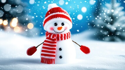 Fototapeta premium Cheerful snowman, red and white striped scarf and hat, stick arms, carrot nose, coal eyes, snowy background, falling snowflakes, blue winter sky, festive, jolly, Christmas scene, cute, whimsical, 3D r