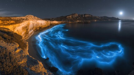 Naklejka premium Bioluminescent Waves Crashing on a Nighttime Shore