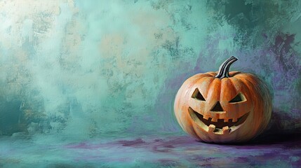 Pumpkin with carved face sits on a colorful surface, creating a festive Halloween atmosphere in autumn season