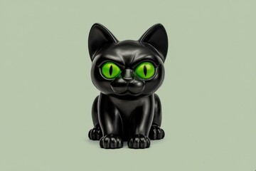 Fototapeta premium Stylized Black Cat Figurine Green Eyes Pastel Background - Artistic Black Cat Decor Home Gifts