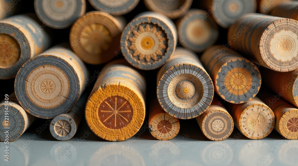 Poster Intricate Circular Designs Adorn a Collection of Cylindrical Objects Arranged in a Close-Up Stack