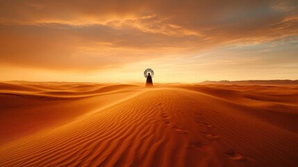 As the sun sets, a haunting silhouette of a windmill stands tall amidst the golden sands, while a figure walks away, evoking feelings of nostalgia and reflection.