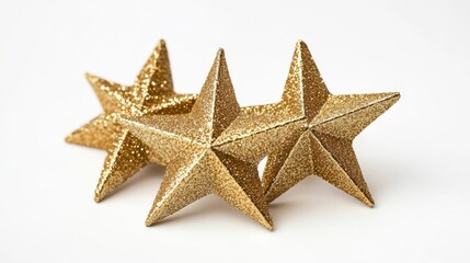 Decorative golden glitter stars arranged in a trio for festive celebrations and holiday decor