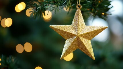Shimmering gold star ornament hanging on a green pine tree during the festive season