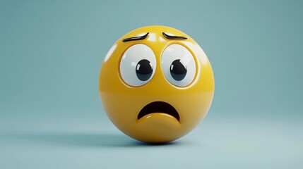 Fototapeta premium Bright yellow emoji with large eyes and a worry expression conveys feelings of distress in a minimalist setting
