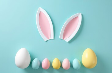 Colorful easter egg arrangement with bunny ears on pastel blue background