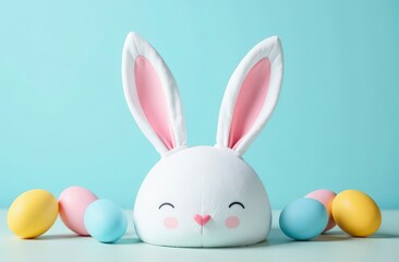 Obraz premium Cute bunny plush surrounded by colorful easter eggs on pastel background