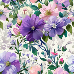 A decorative design showcasing a blend of purple and white flowers in a harmonious floral pattern
