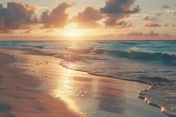 Fototapeta premium Golden sunset paints the sky as gentle waves caress the sandy shore. A tranquil beach scene at the end of the day.