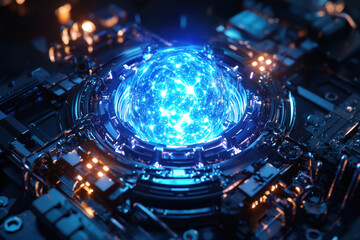 Futuristic energy generator with glowing blue core in a sci-fi setting.