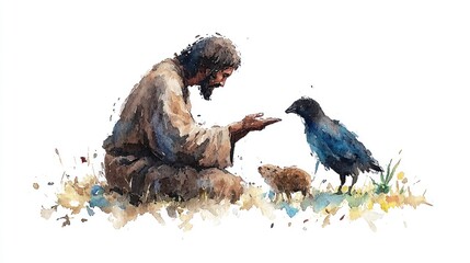 Saint Francis of Assisi Communicating with Animals in Watercolor Painting on White Background