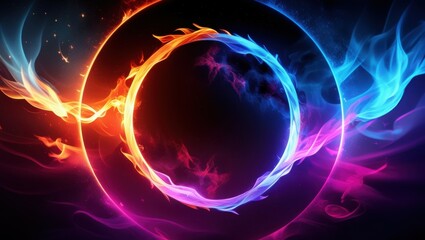 cosmic circle, fiery orange energy, cool blue plasma, swirling nebula, vibrant purple glow, yin yang symbol, abstract space art, celestial balance, elemental forces, digital illustration, high contras