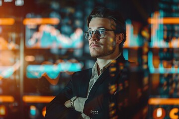 Fototapeta premium Confident Young Man Suit, Analyzing Data Screen Orange Blue Color Scheme, Business Technology Concept
