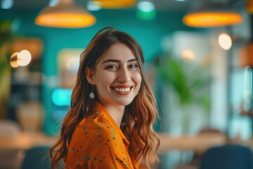 Obraz premium Smiling Woman Orange Blouse, Casual Cafe Interior, Positive Friendly Concept