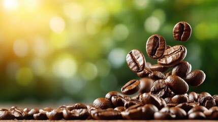 Obraz premium An artistic image capturing coffee beans suspended in mid-air above a rustic wooden surface, bringing to life the essence of coffee in a vibrant, nature-filled backdrop.