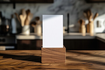 A blank mock up white card in a wooden holder on a minimalist home kitchen background, ideal for mockups or text, logo placement