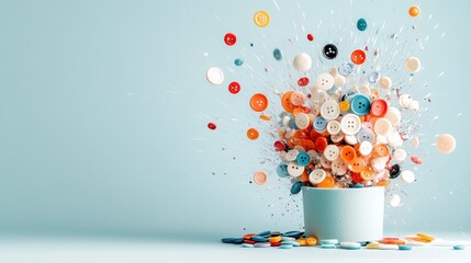 An energetic explosion of colored buttons splashes across the frame, delivering a playful and vibrant feel, perfect for creative projects and design inspiration.