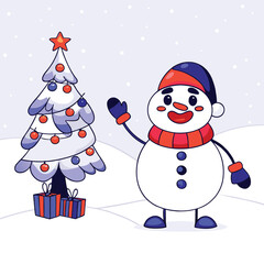 vector snowman with christmas tree