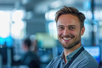 Obraz premium Smiling Caucasian Young Man Modern Office Setting Business Success Teamwork Concept