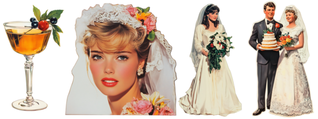 Elegant Wedding and Vintage Romance Collage: Bridal Portraits, Floral Details, Celebration Drinks, and Retro Wedding Cake Imagery.