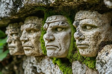 Obraz premium Stone faces carved into a mossy wall