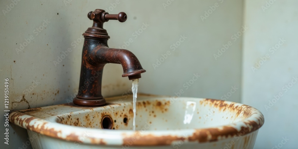 Poster aged faucet dripping water into rusted basin a study in time and decay