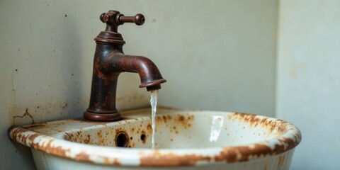 Aged Faucet Dripping Water into Rusted Basin A Study in Time and Decay