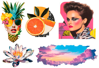 Vivid Pop Art Collage: Tropical Vibes, Bold Makeup, Citrus Slices, Dreamy Skies, and Artistic...