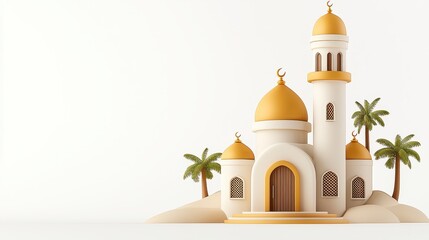 Serene 3D Render of a Mosque with Golden Domes and Minarets, Set Against a Pristine White Background, Evoking a Sense of Peace and
