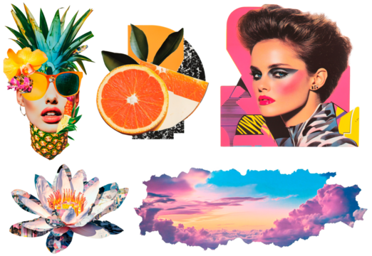 Vivid Pop Art Collage: Tropical Vibes, Bold Makeup, Citrus Slices, Dreamy Skies, and Artistic Floral Expressions. - Powered by Adobe