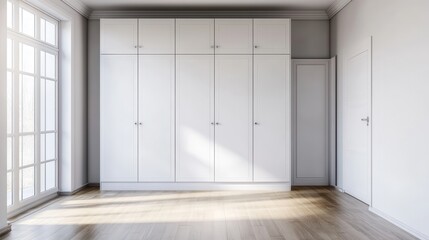 Fototapeta premium A Minimalist Room With A Large White Built-In Wardrobe, Hardwood Floors, And A Large Window. Sunlight Streams In, Illuminating The Space.