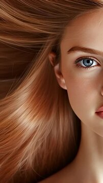 Beauty and elegance concept with close-up of woman&rsquo;s face and flowing golden hair emphasizing skincare and fashion aesthetics