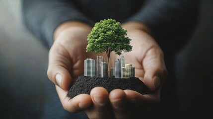 Net zero carbon policy. A pair of hands holds a small tree and city buildings, symbolizing the balance between nature and urban development.