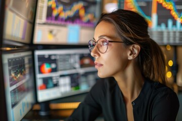 Focused Young Woman Analyst Studying Financial Data Multiple Screens - Stock Market Analysis Concept