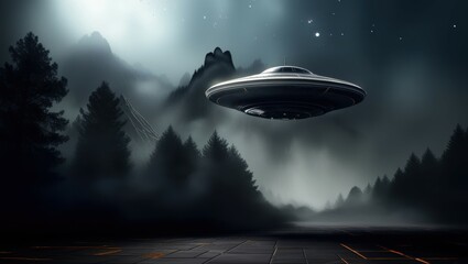 Obraz premium UFO, flying saucer, alien spacecraft, night sky, dark forest, misty atmosphere, eerie glow, sci-fi scene, mysterious lights, mountain silhouette, cinematic, dramatic lighting, extraterrestrial encount