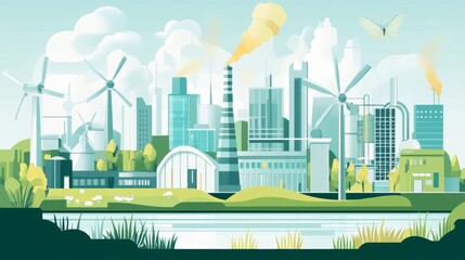 Obraz premium Net zero carbon policy. A vibrant illustration of an industrial landscape featuring wind turbines, buildings, and smoke stacks, highlighting a blend of technology and nature.