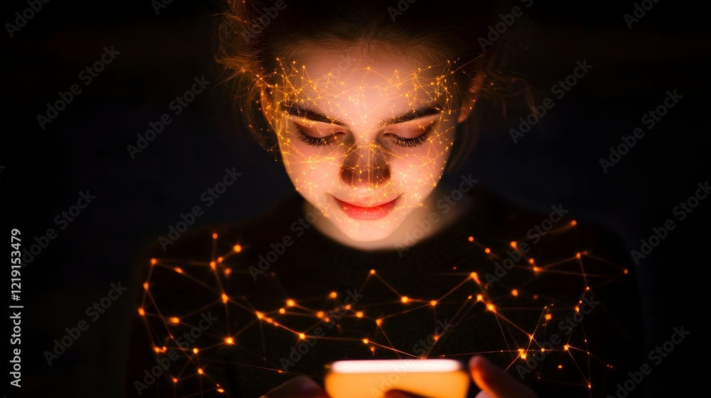 Poster smartphone with glowing global network hologram symbolizing connectivity