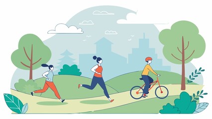 Concept of doing sports. People in the park are actively doing sports. Running and cycling