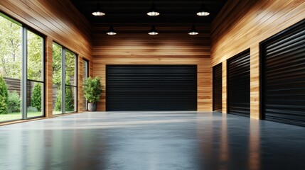 This spacious and modern garage features large windows and wooden accents, creating a bright and inviting environment for any creative project or storage.