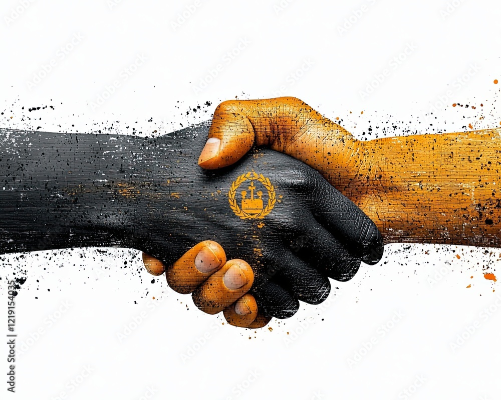 Poster artistic double exposure handshake illustrating unity and collaboration between two diverse hands in