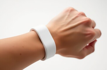 Close-up of caucasian female wrist wearing white fitness tracker against neutral background