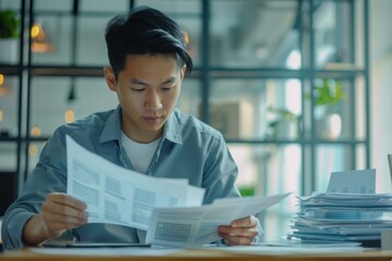 Fototapeta premium Focused Asian Young Professional Reviewing Documents Desk - Business, Office, Work Concept